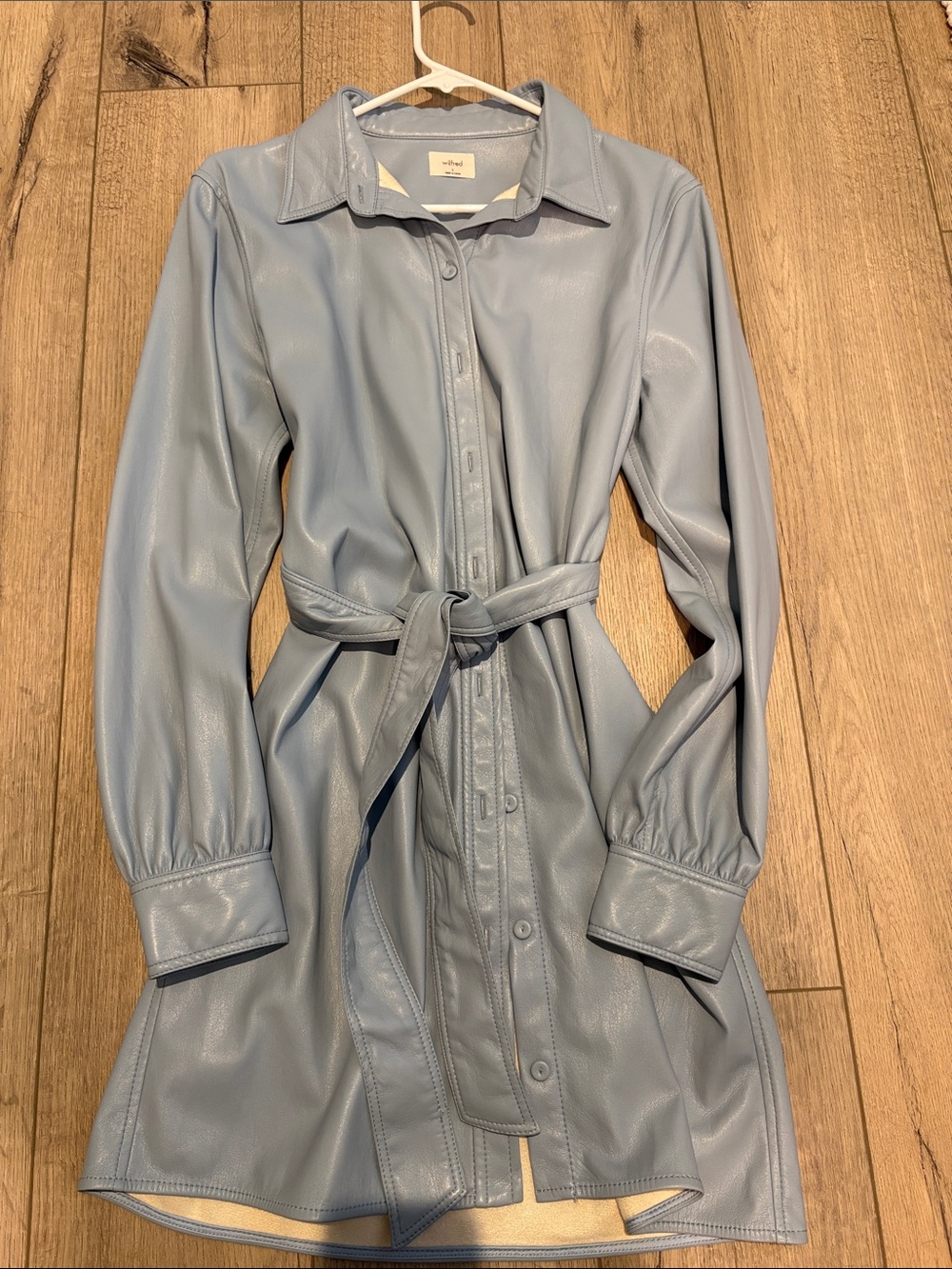 Aritzia Wilfred Light Blue Faux Leather Belted Trench Shirt